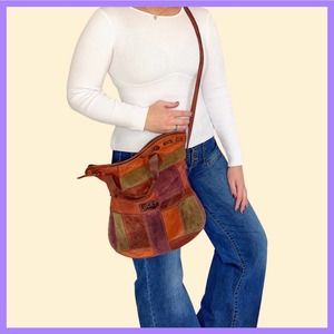 Lucky Brand Retro 70’s Suede Leather Patchwork Boho Top Handle Crossbody Bag